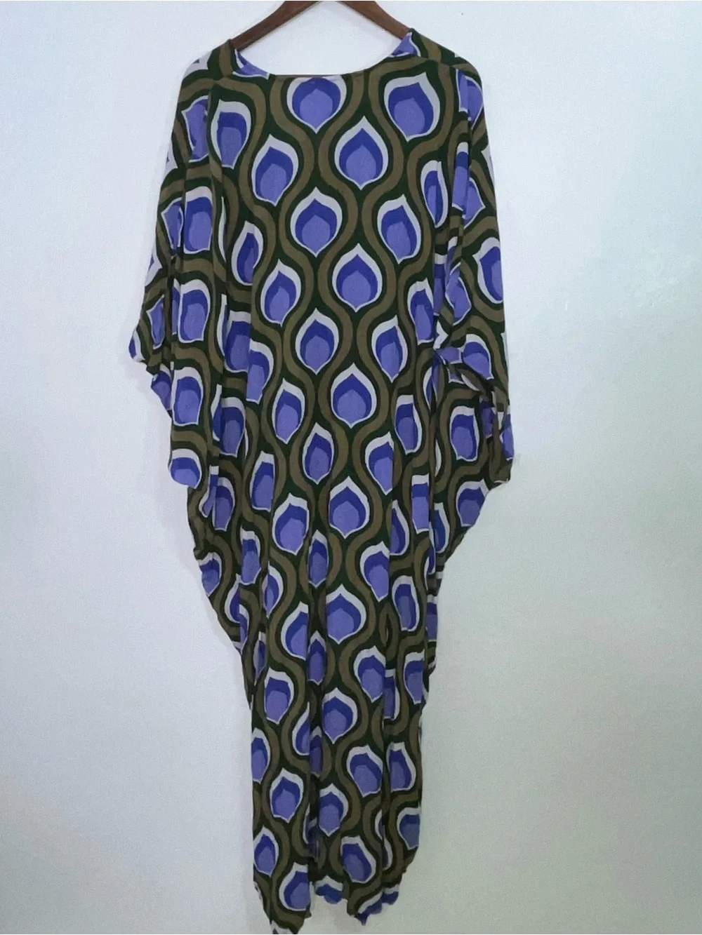 Free People Groovy Baby Maxi Kaftan Dress Olive Periwinkle Retro Mod 70s Boho